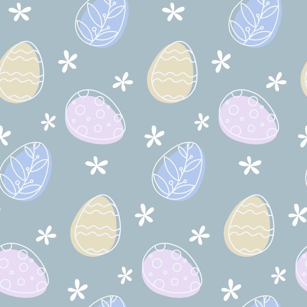 huevos de pascua y flores garabatos de patrones sin fisuras. huevos de contorno de dibujos animados ornamentados de color pastel sobre fondo verde suave. vector