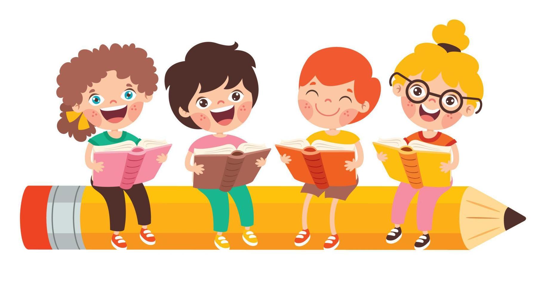 Children Reading Book On Pencil vector