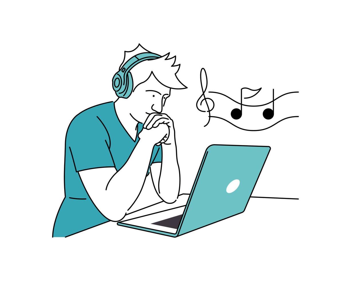 A man enjoying music with a laptop vector