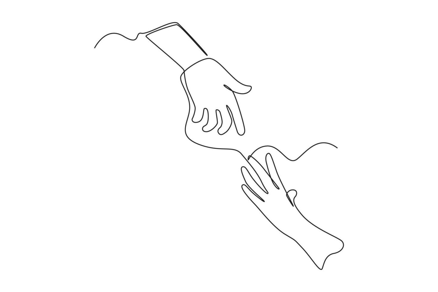 Continuous one line drawing father's hand grabs son's hand. Raising teens concept. Single line draw design vector graphic illustration.