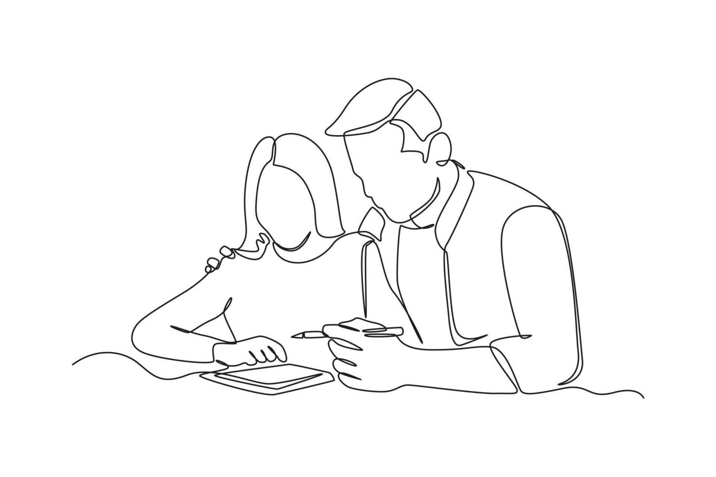 Continuous one line drawing Happy father teaches her daughter studying. Raising teens concept. Single line draw design vector graphic illustration.