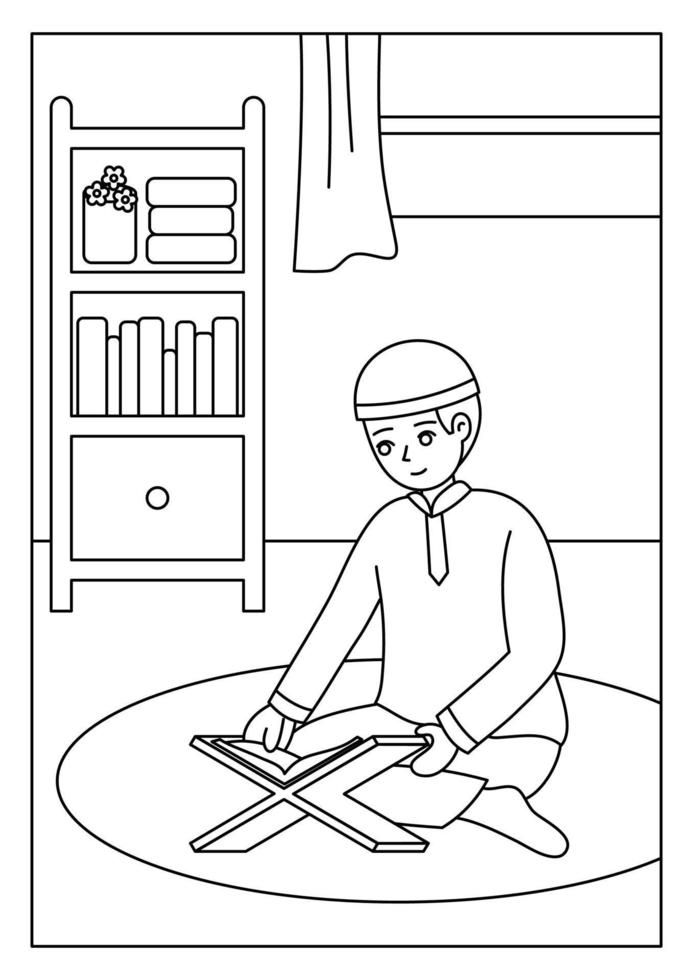 Kid Reading Quran Ramadan Coloring Page for Kid vector