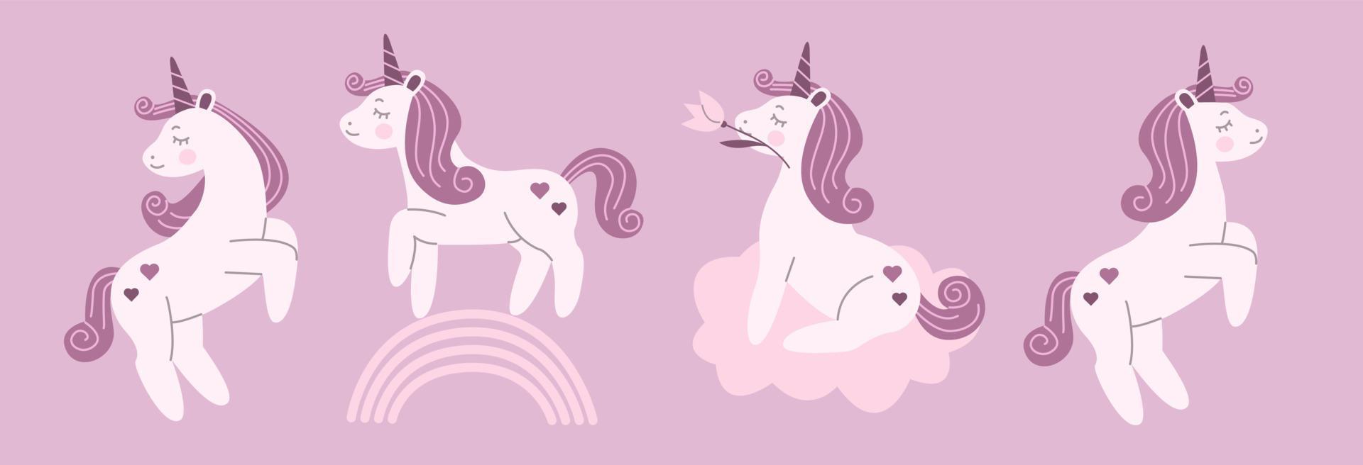 A set of cute magical unicorns, vector