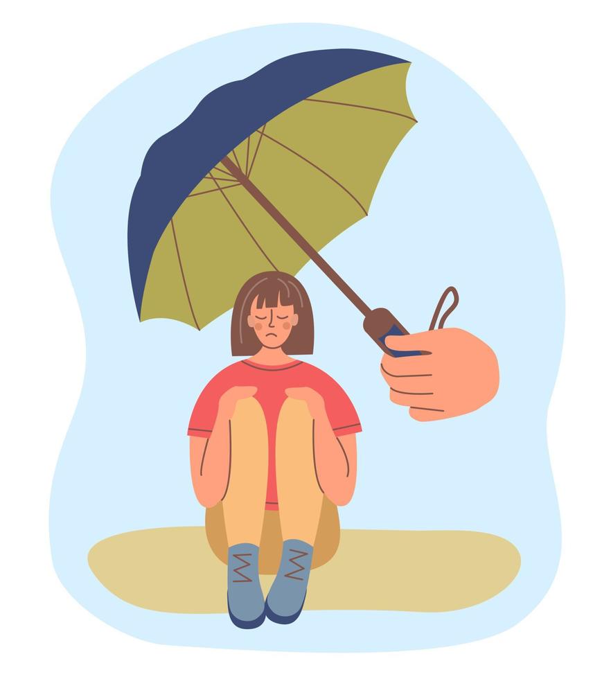 Psychological support for a sad girl. Metaphor-shelter from the rain with an umbrella. vector