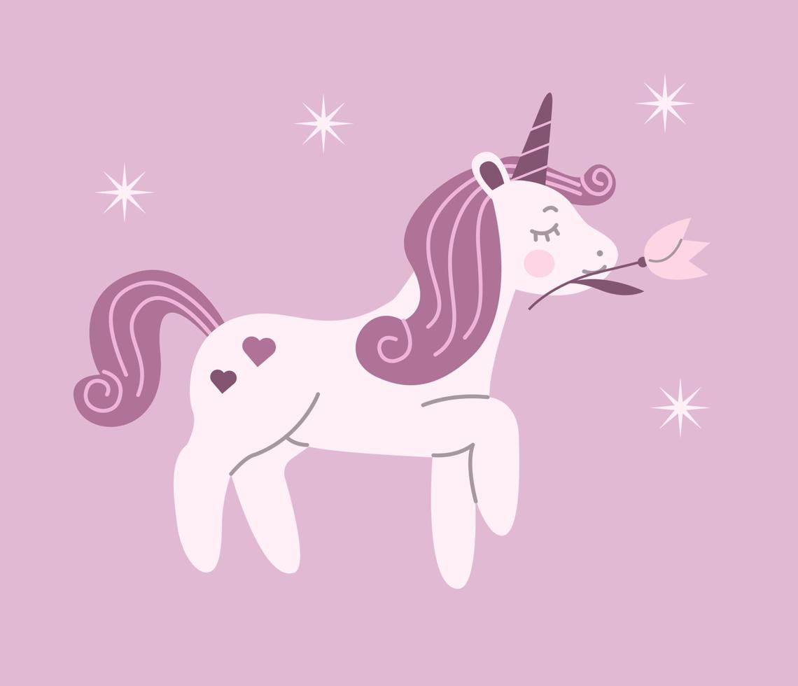 A small unicorn holds a flower in its mouth. vector