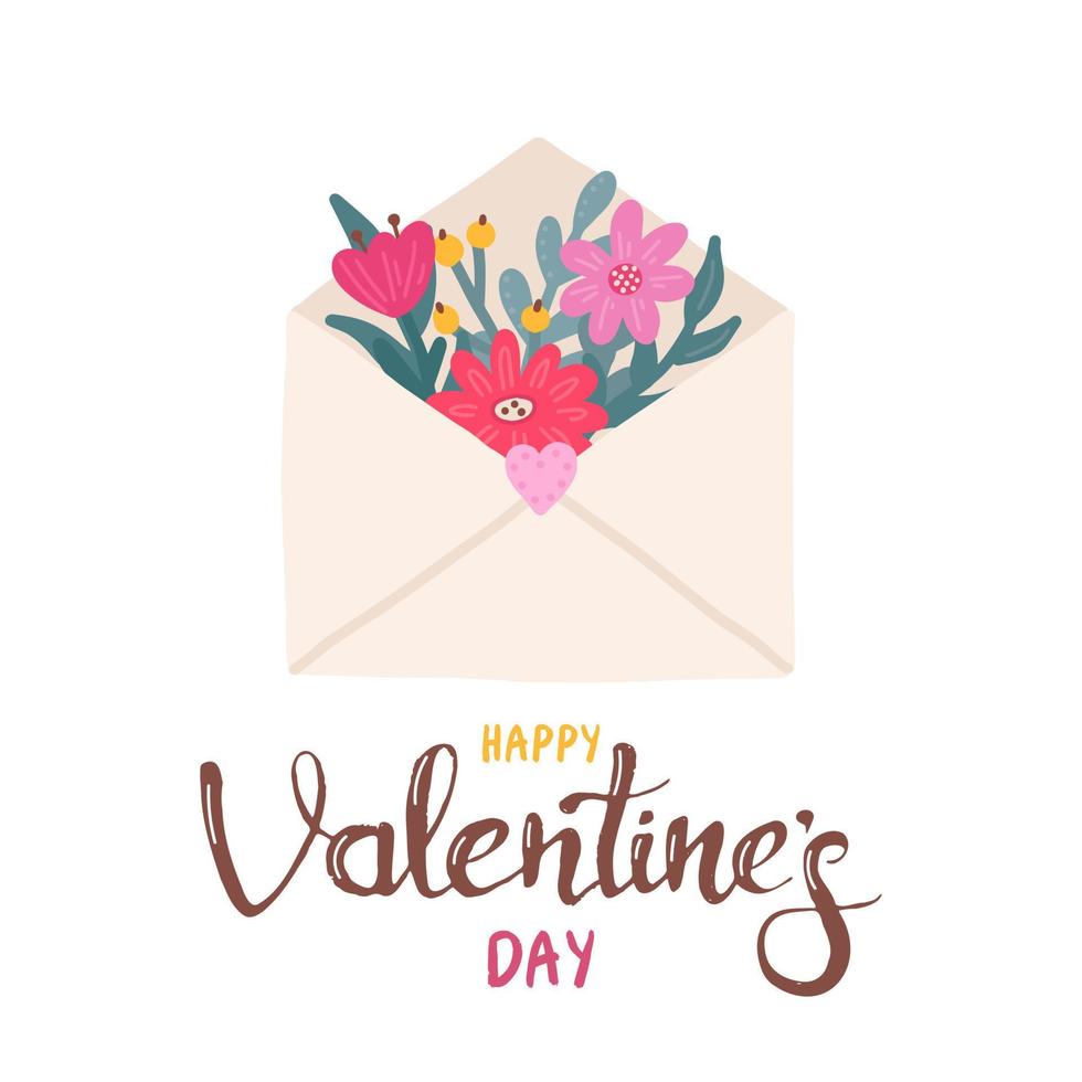 Flowers in an open envelope with hand lettering. Cute Valentines Day greeting card vector