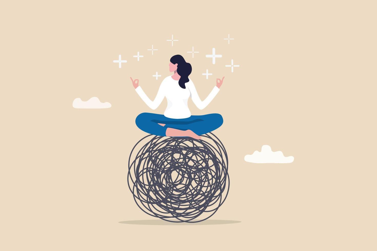 Stress management, meditation or relaxation to reduce anxiety, control emotion during problem solving or frustration work concept, woman in lotus meditation on chaos mess line with positive energy. vector