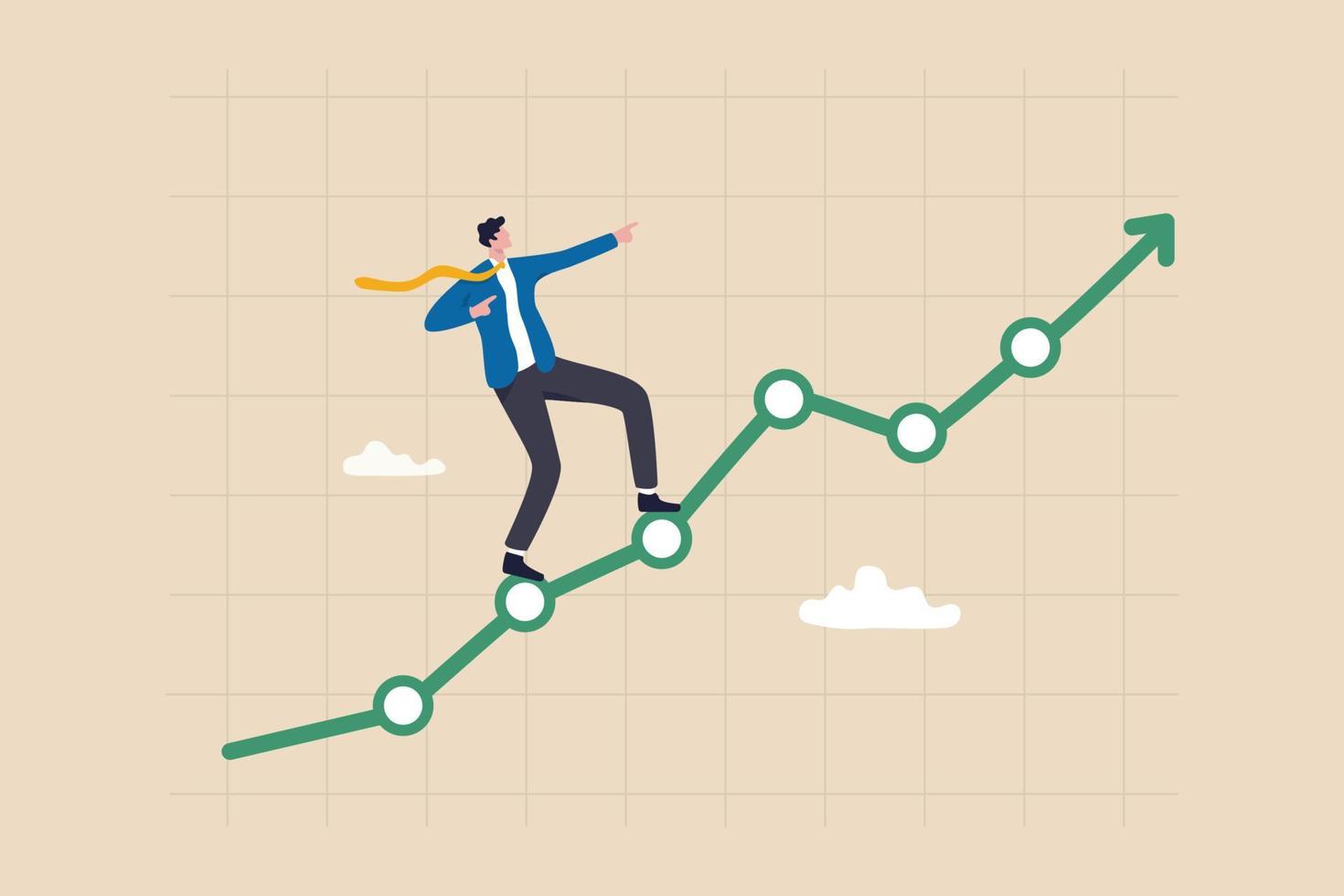 crecimiento de los beneficios, tendencia alcista económica o inversión creciente, gráfico de mejora o crecimiento, previsión financiera o concepto de predicción, empresario de confianza que apunta hacia arriba con un gráfico y un gráfico financiero en aumento. vector