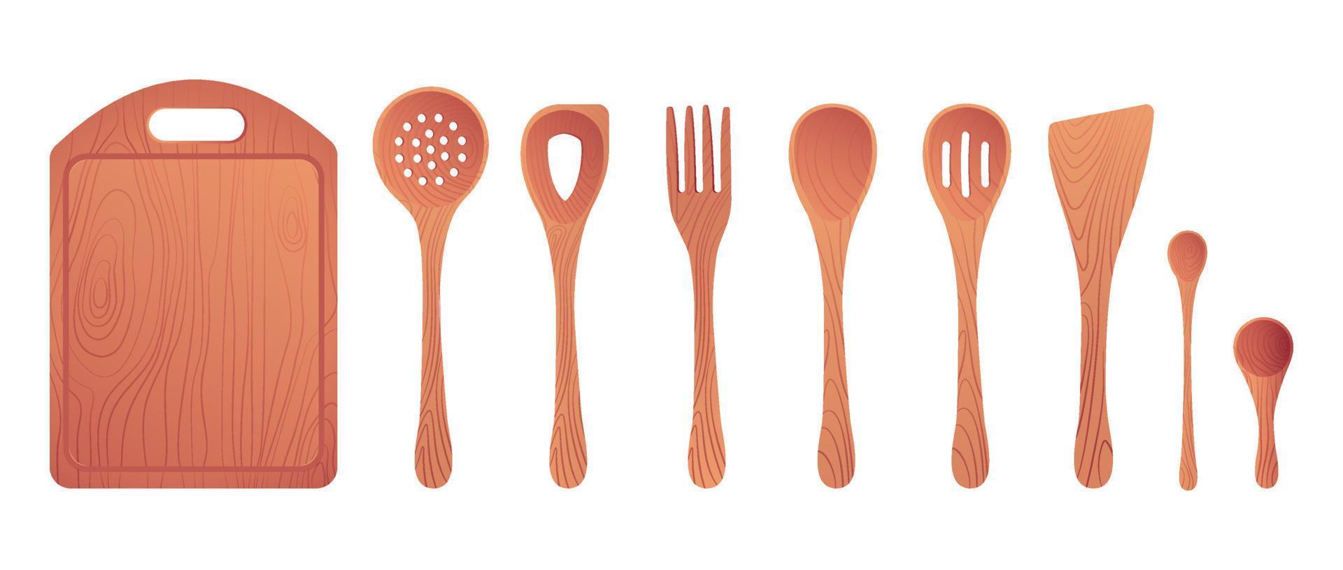 Realistic collection of wooden kitchen utensils vector