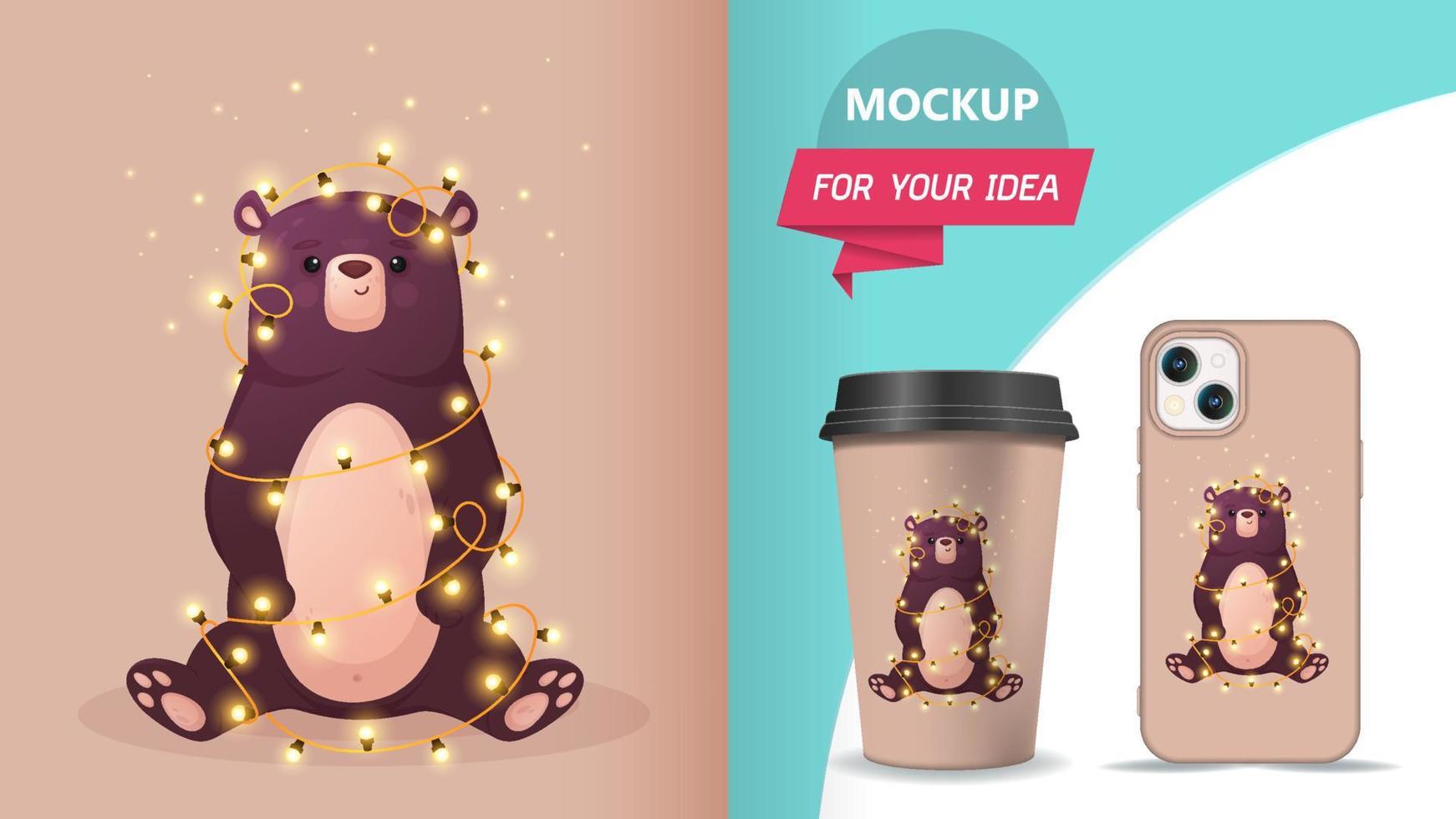 Cute bear with fireflies, funny teddy bear, vector illustration, merchandising