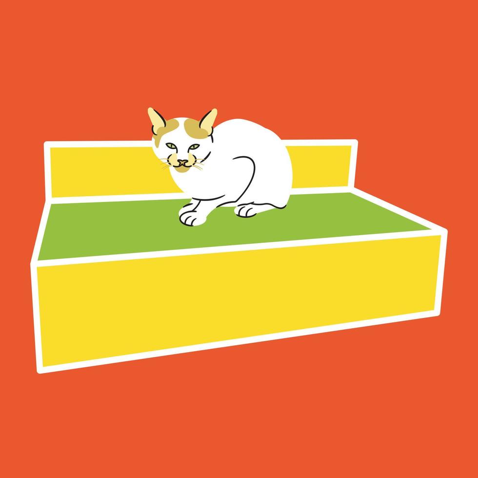 a white cat with brown spots on the ears sitting on a rectangular object like a chair vector