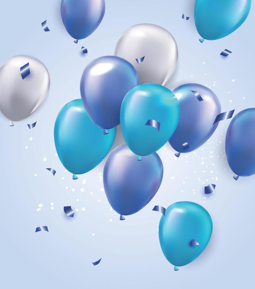 Fondo de globos azules 3d con confeti y cintas. celebración, presentación del producto espectáculo podio del producto cosmético vector