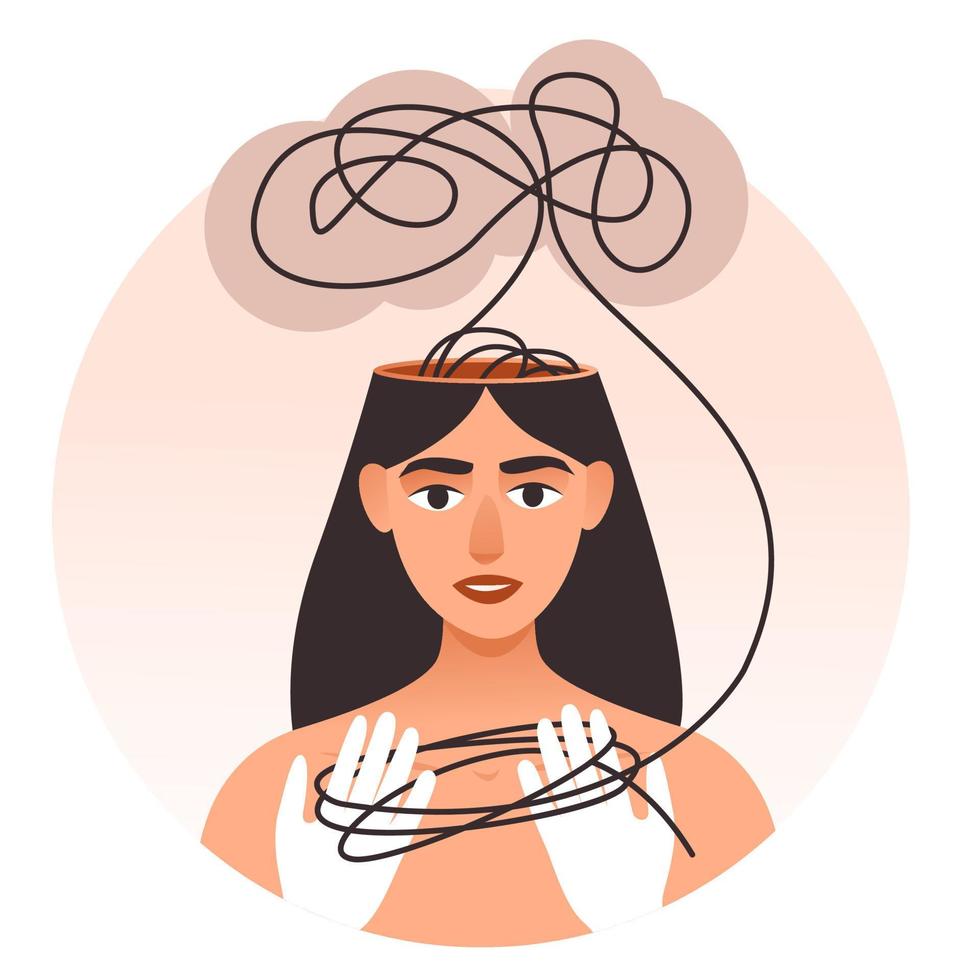 A girl with confused thoughts. Complex messy connected lines as concept of chaos solving. Vector illustration