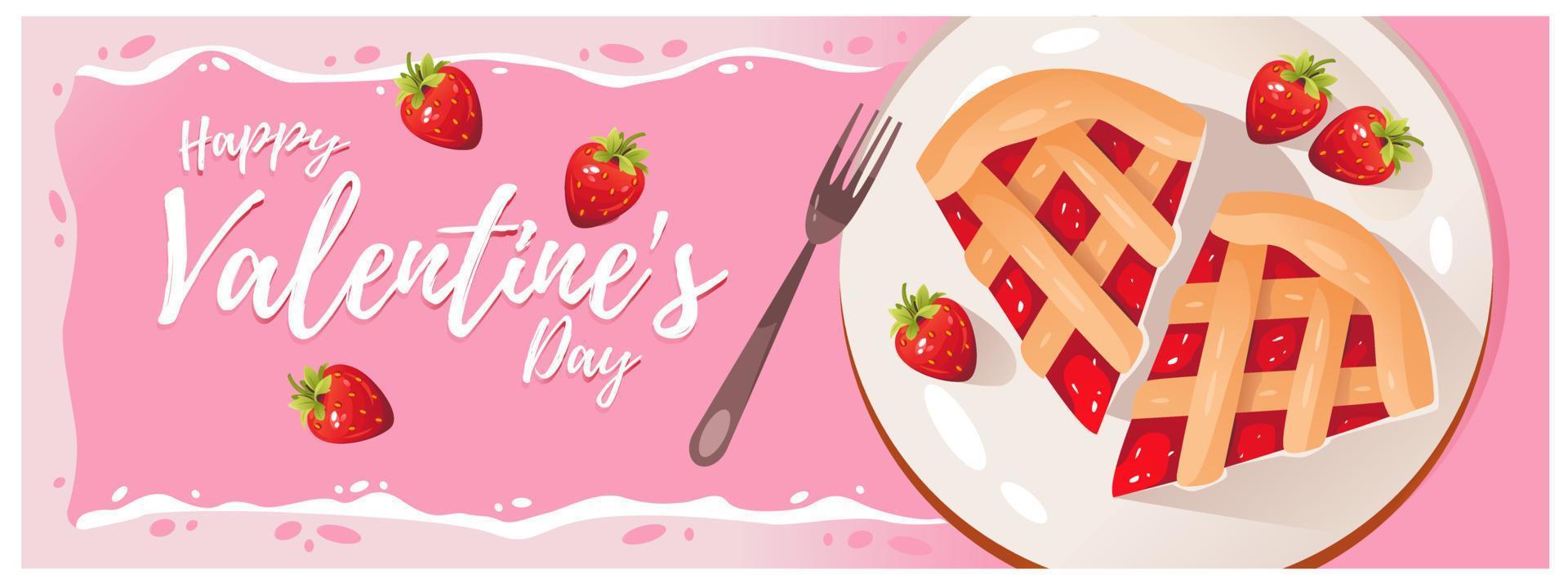 Pieces of strawberry pie in the shape of a heart. Sweet dessert for Valentine's day. Template for a web banner, postcard, post in a social network. vector