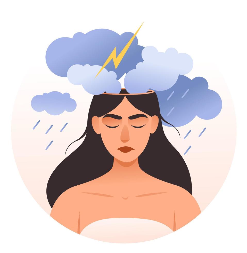 A sad girl with thunderclouds over her head. A surly man. The concept of mental health. Psychological help. Flat vector illustration