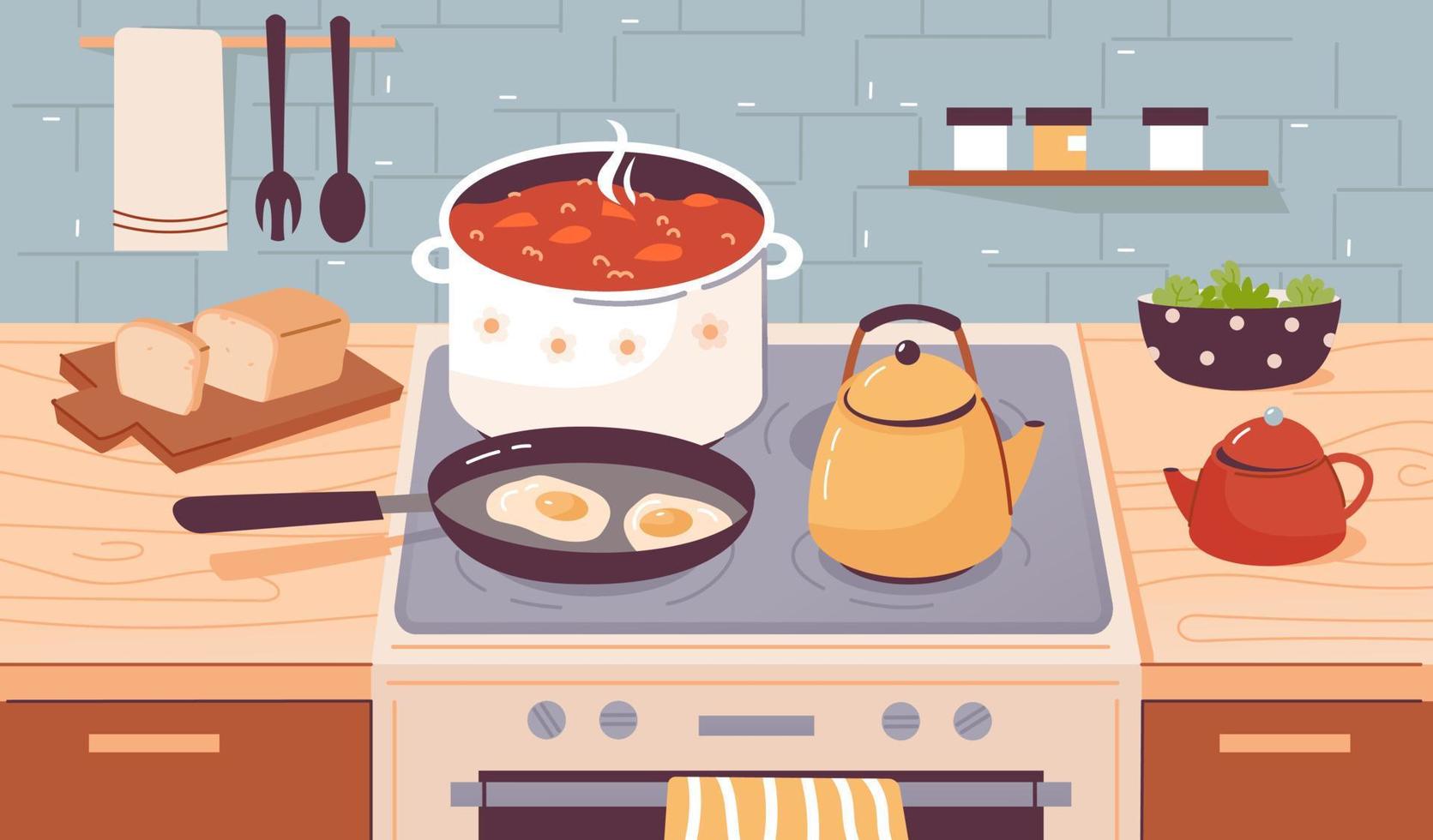 Cooking food, boiling water, stewing and frying dishes on the kitchen stove. Kitchen utensils in the home kitchen interior. Flat vector illustration