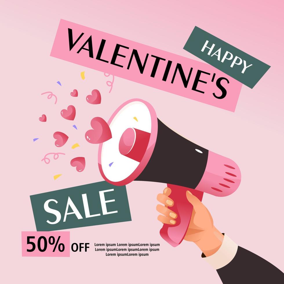 Valentine's day sale. Discount coupon, gift voucher. Hand hold megaphone. A loudspeaker with hearts and confetti. Vector template for flyers, web banners and social network posts.