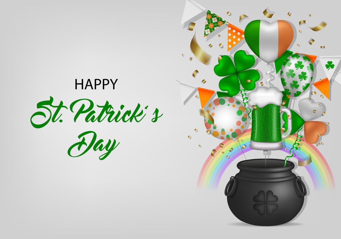 saint patrick's day background with pot and party balloons, streamers, pennants and confetti vector