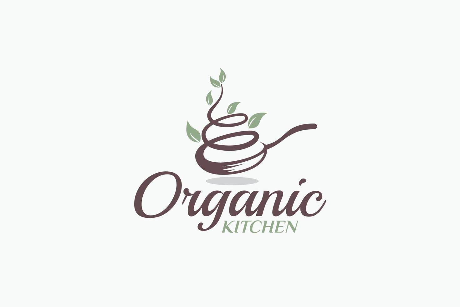 logo de cocina orgánica con una combinación de wok y plantas orgánicas. vector