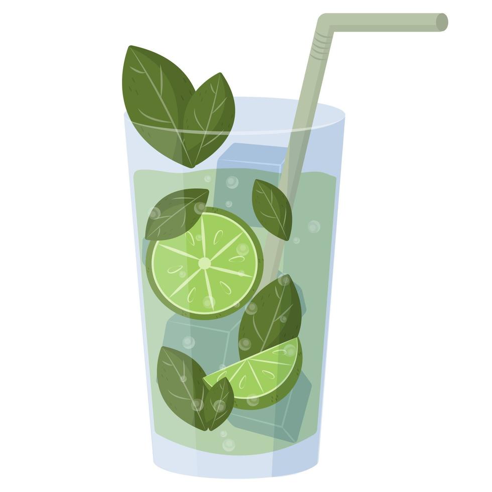 Cuban alcoholic drink mojito based on rum with mint and lime. Latin American refreshing green beverage with ice. vector