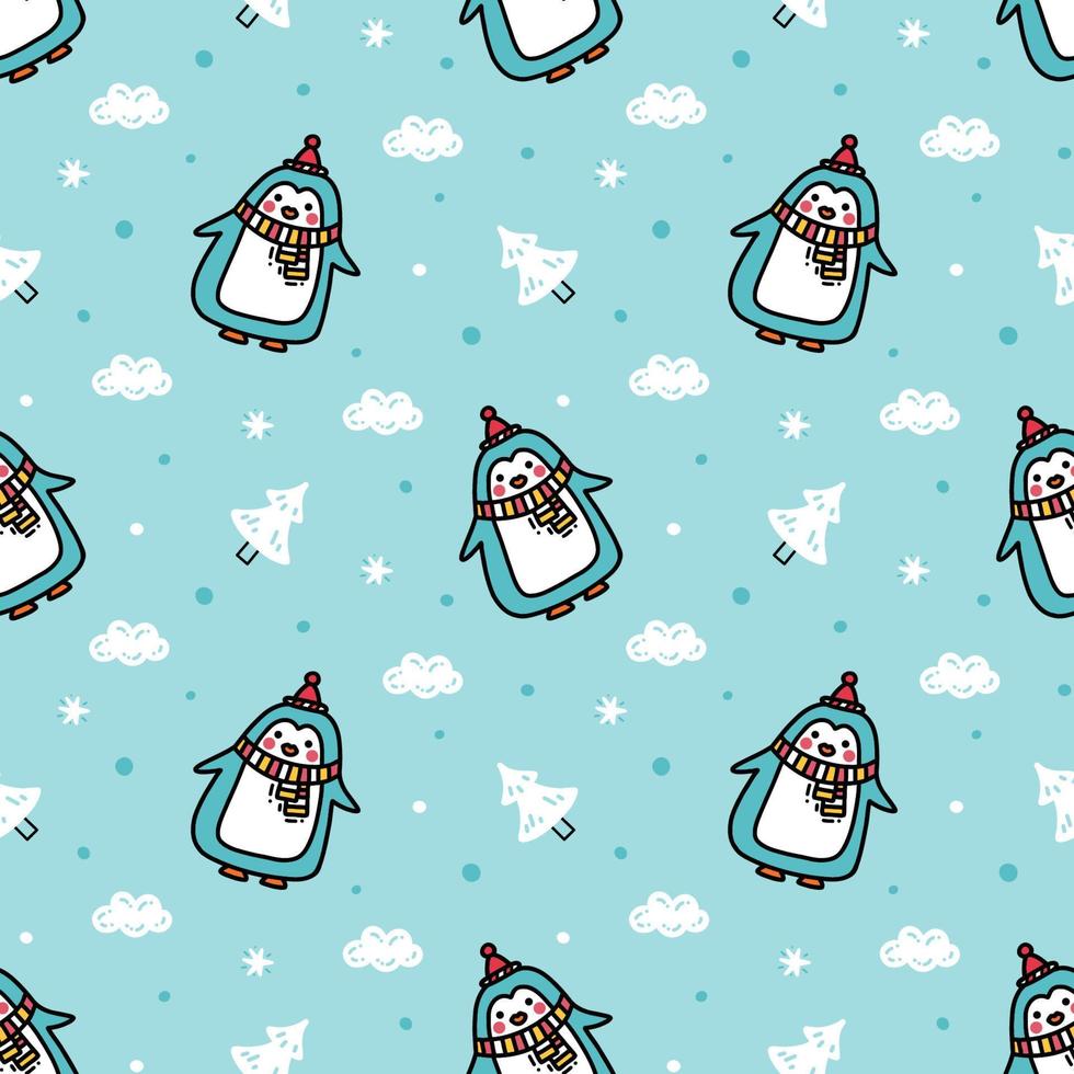 divertido patrón de invierno con lindos pingüinos bebés en un bosque nevado vector