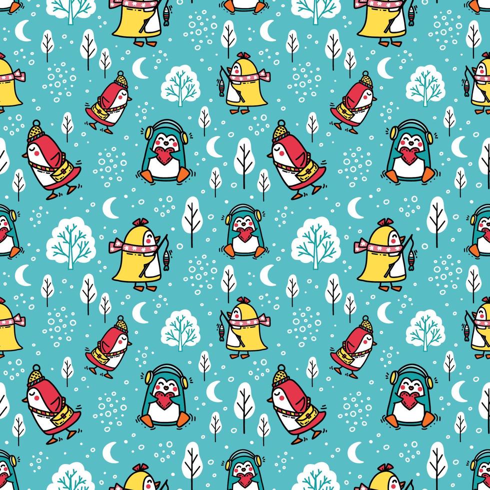 Funny winter pattern with cute baby penguin animals playing in snowy forest vector