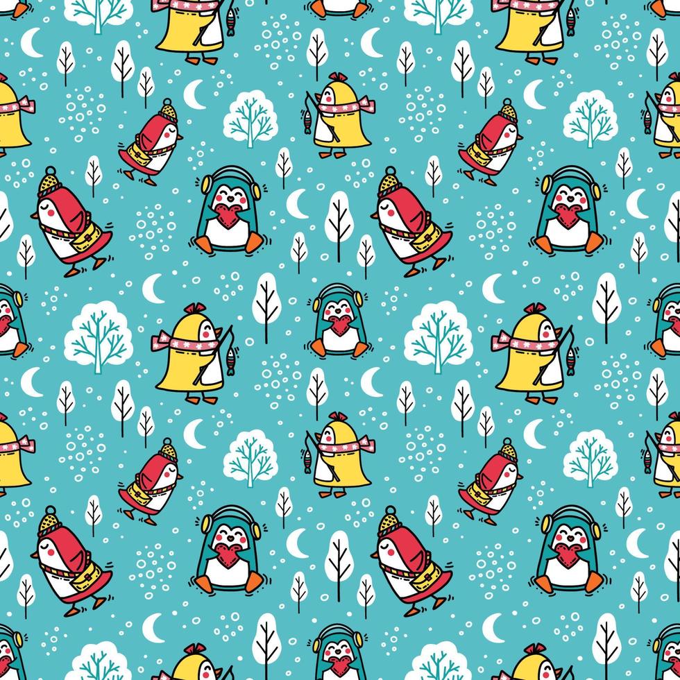 Funny winter pattern with cute baby penguin animals playing in snowy forest vector