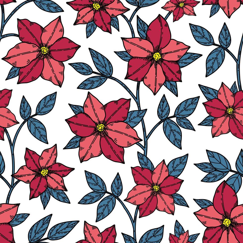 Summer seamless pattern with cute blooming magenta clematis flowers vector