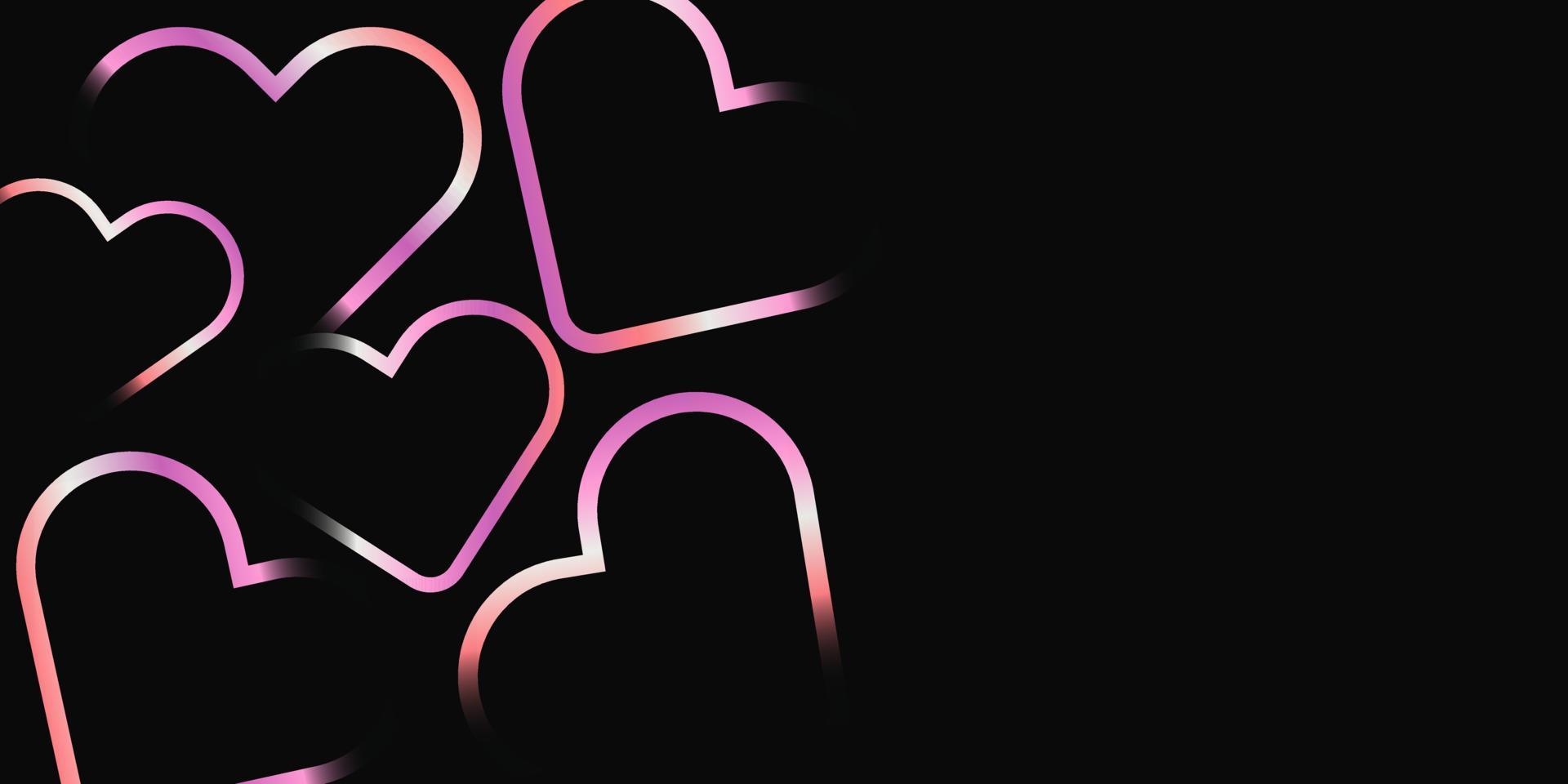 Random neon colored heart shapes on black background with copy space for text. Cool lovely 3d wide Valentines day banner template in y2k style vector