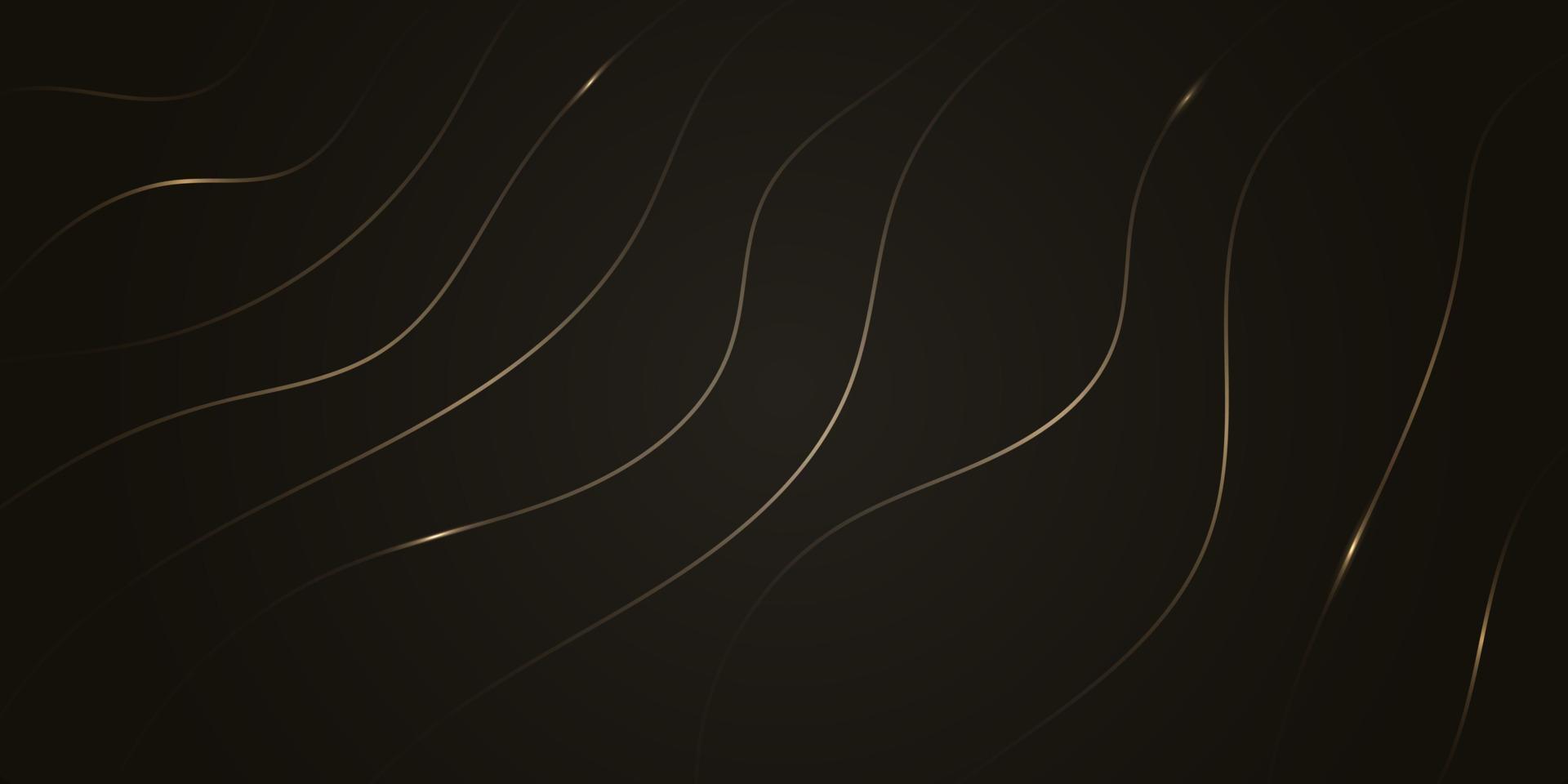 Luxury abstract dark background with shiny gold wavy lines. Horizontal black backdrop with golden laser neon curves. Smooth light lines, glow effect. LED glare tape. Shining neon streaks. Luminous vector