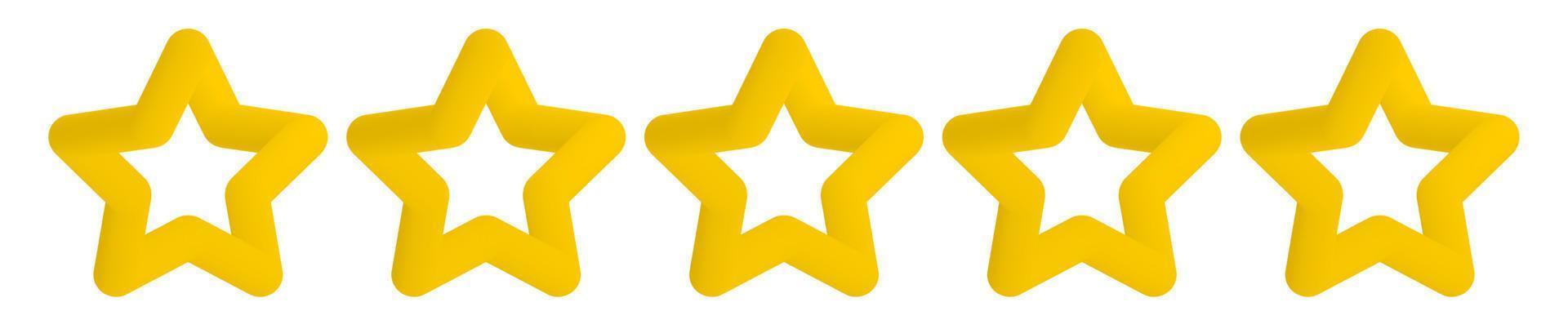3d five gold stars icon in cartoon style isolated on white background. Star rating symbol. Customer quality symbol. Vector product rating review, modern yellow star shapes icon for hotel, restaurant