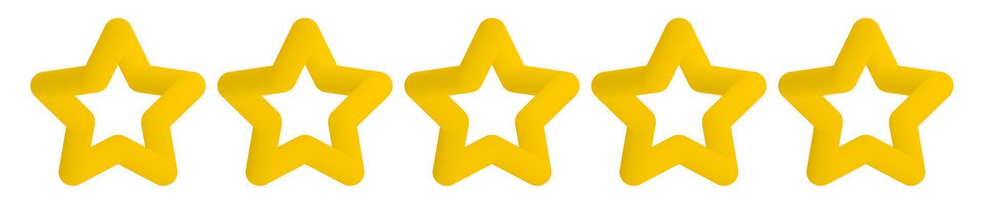 3d five gold stars icon in cartoon style isolated on white background. Star rating symbol. Customer quality symbol. Vector product rating review, modern yellow star shapes icon for hotel, restaurant