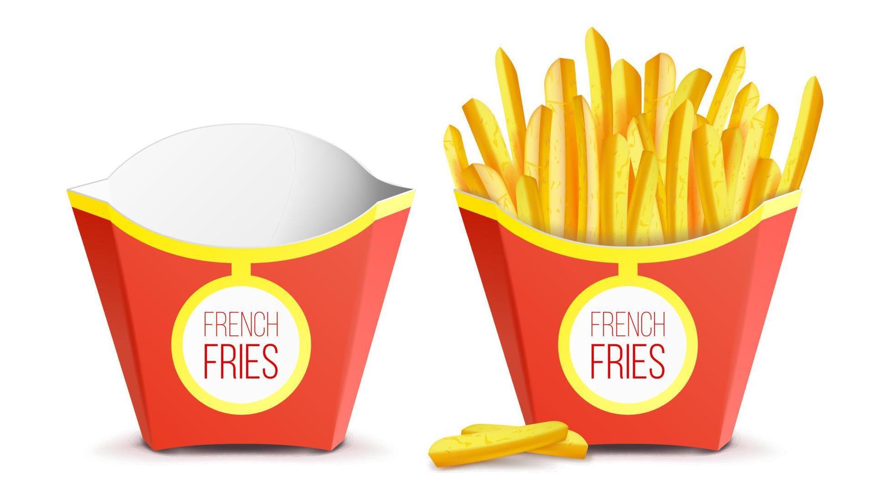 Realistic French Fries Potatoes Vector. Tasty Fast Food Potato. Empty And Full. Isolated On White Background Illustration vector