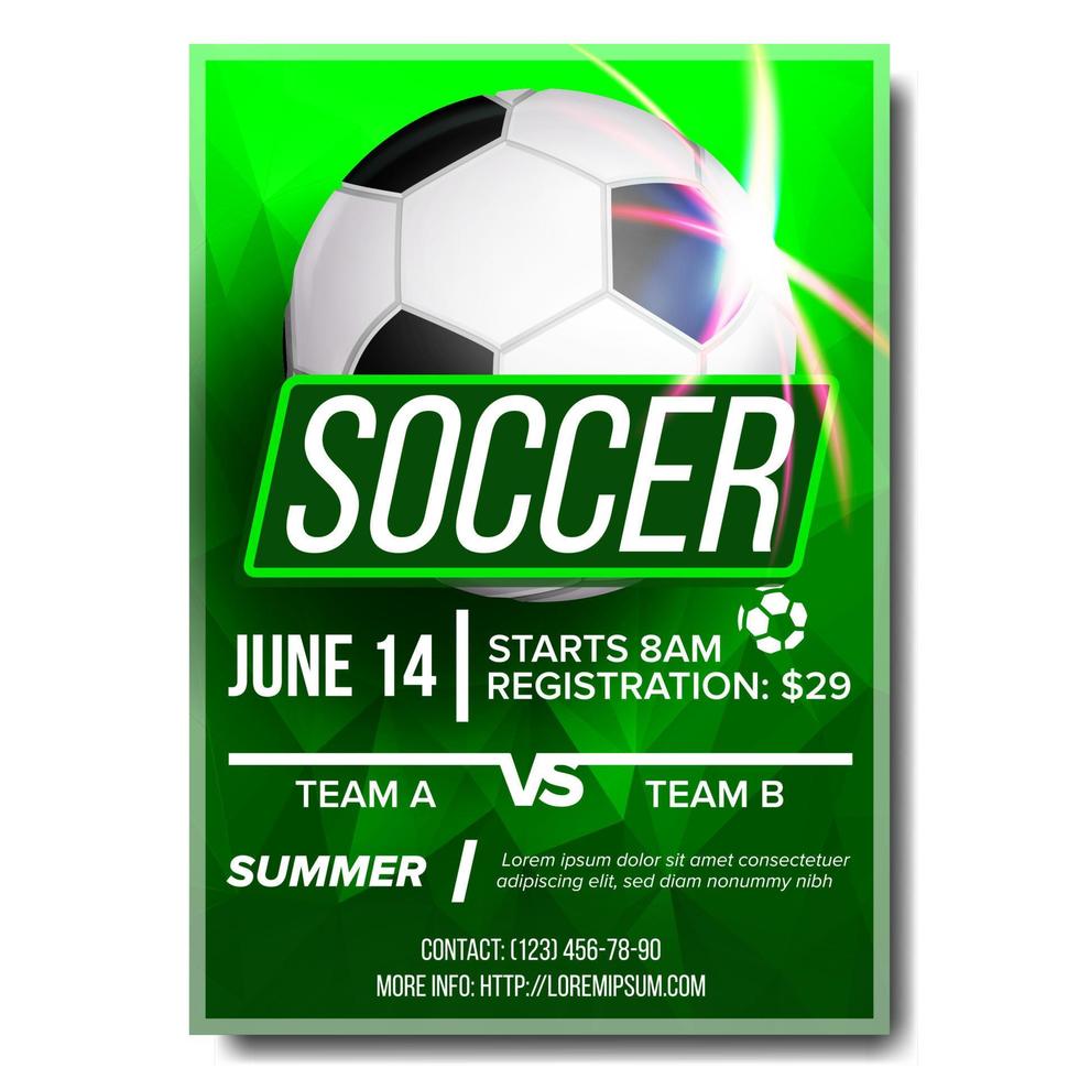 Soccer Poster Vector. Banner Advertising. Sport Event Announcement. Football Ball. Competition Announcement, Game, League Design. Championship Layout Illustration vector