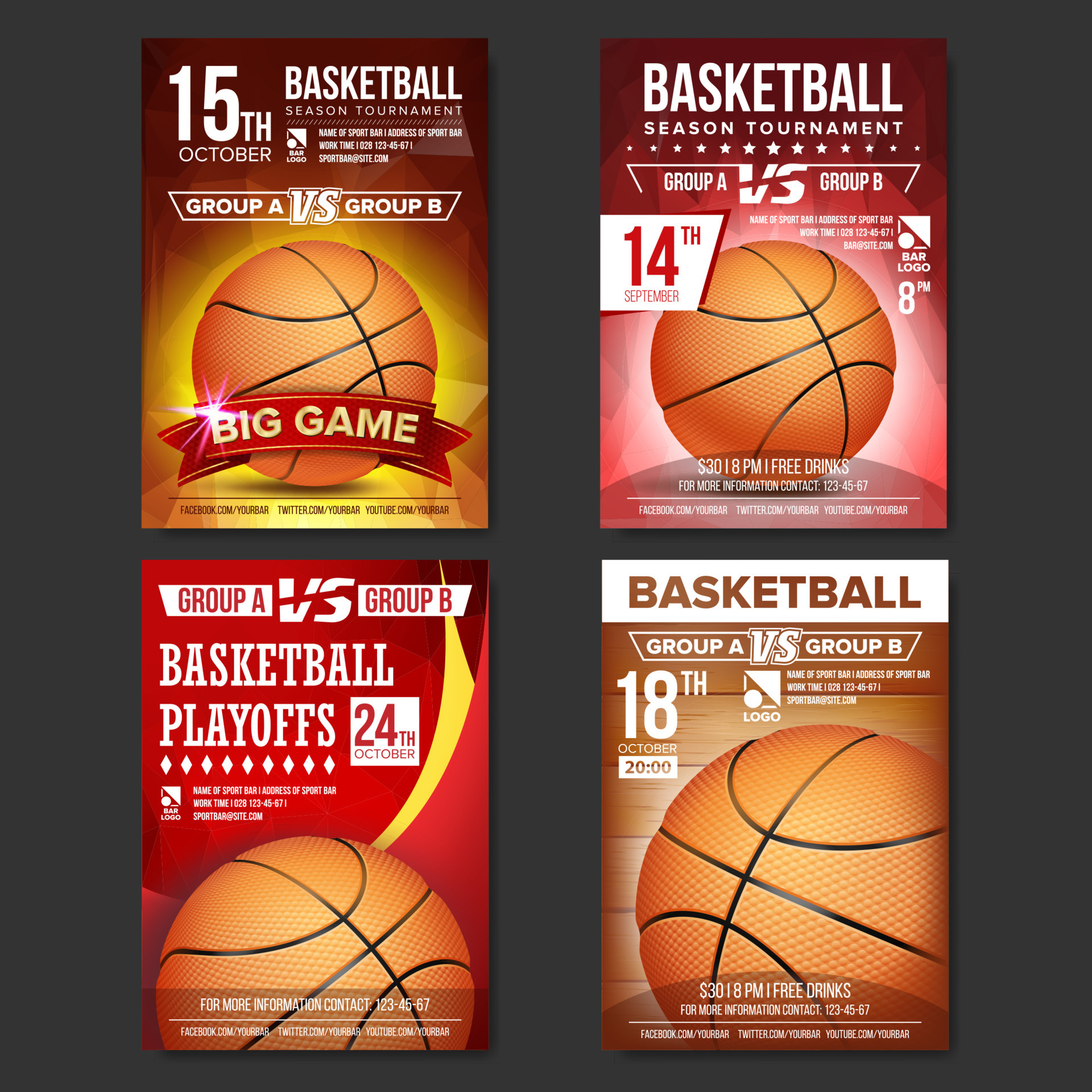 Basketball Poster Set Vector. Design For Sport Bar Promotion