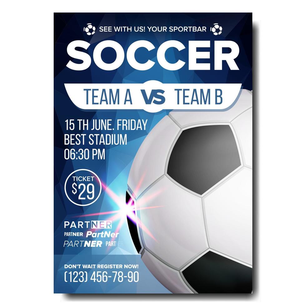 Soccer Poster Vector. Sports Bar Game Event Announcement. Football Banner Advertising. Professional League. Sport Invitation Template. Stadium, Pitch. Event Illustration vector