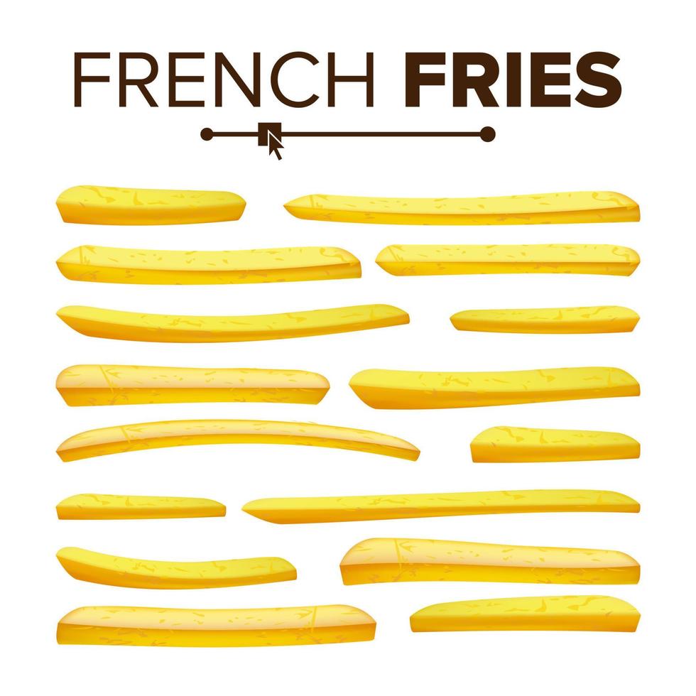 Realistic French Fries Set Vector. Classic American Fast Food Potato Stick. Design Element. Isolated On White Illustration vector