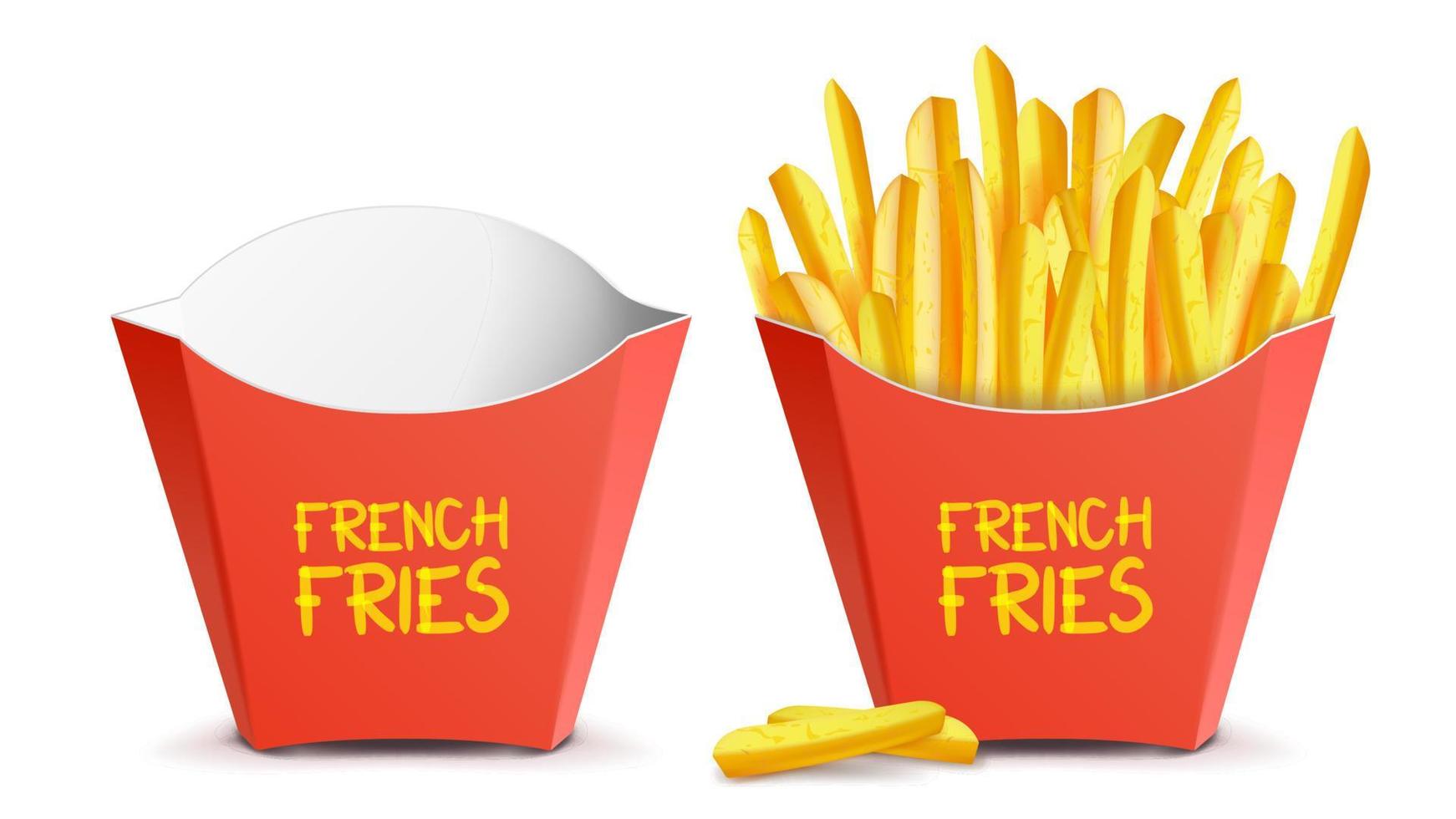 Realistic French Fries Vector. Red Paper Package. Empty And Full. Isolated On White Illustration vector
