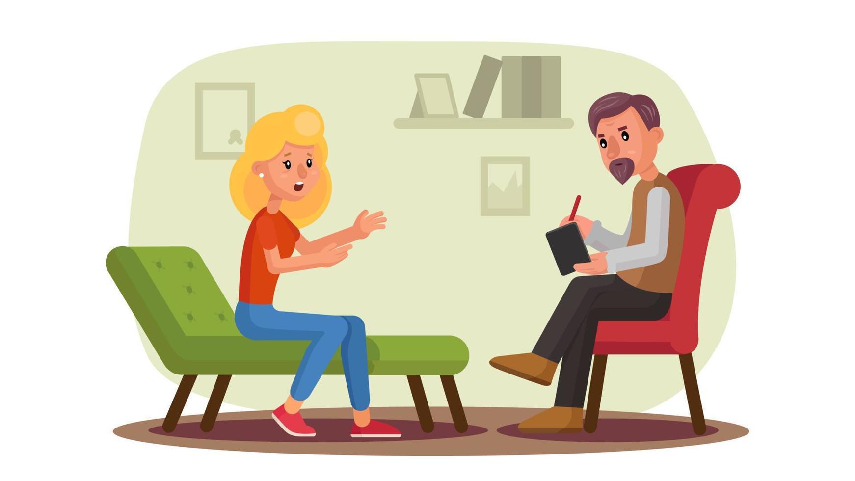 Classic Psychologist Vector. Classic Psychotherapist And Woman Patient. Psychotherapy Counseling Concept. Consultation Of Psychotherapist. Psychology Cabinet With Sofa. Flat Cartoon Illustration vector