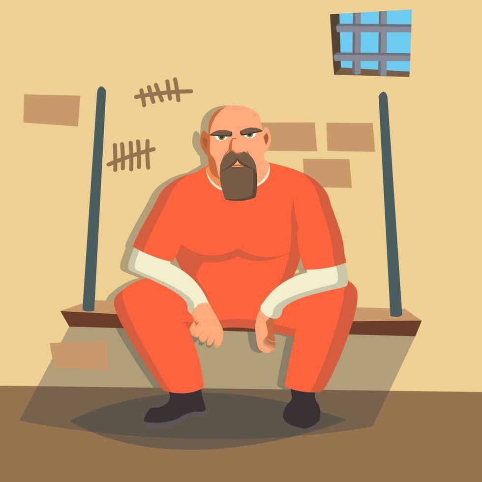 hombre en vector de prisión. bandido arrestado y encerrado. aislado en blanco ilustración de personaje de dibujos animados