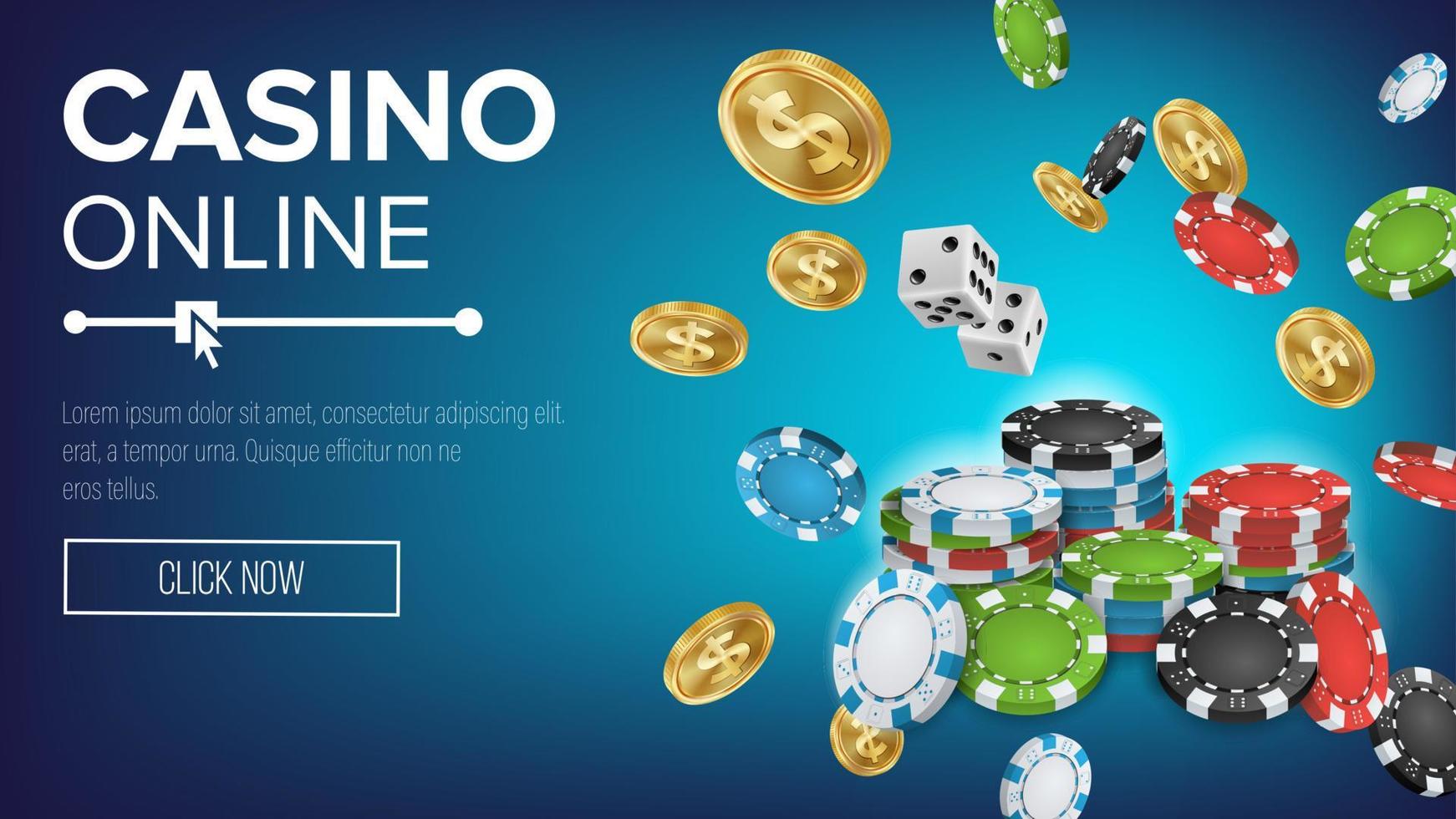 vector de póster de casino en línea. signo de casino de juego de póquer. fichas brillantes, dados, monedas de dólar. símbolo de la suerte del ganador. cartelera de jackpot, ilustración de lujo de marketing.