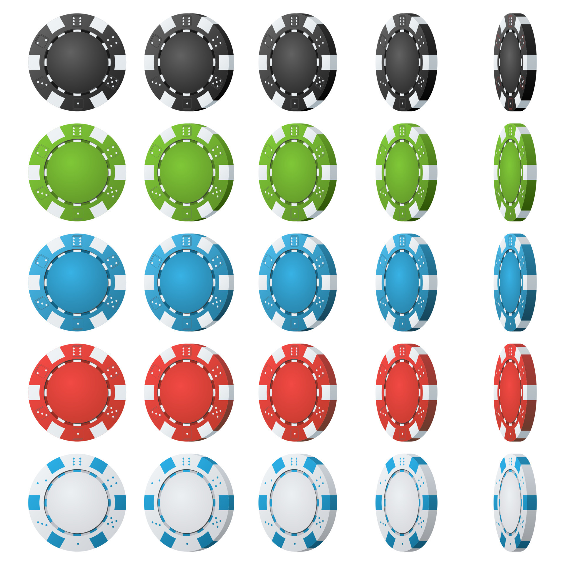 Poker Chips Vector. Flip Different Angles. Set Classic Colored Poker Chips Icon Isolated On