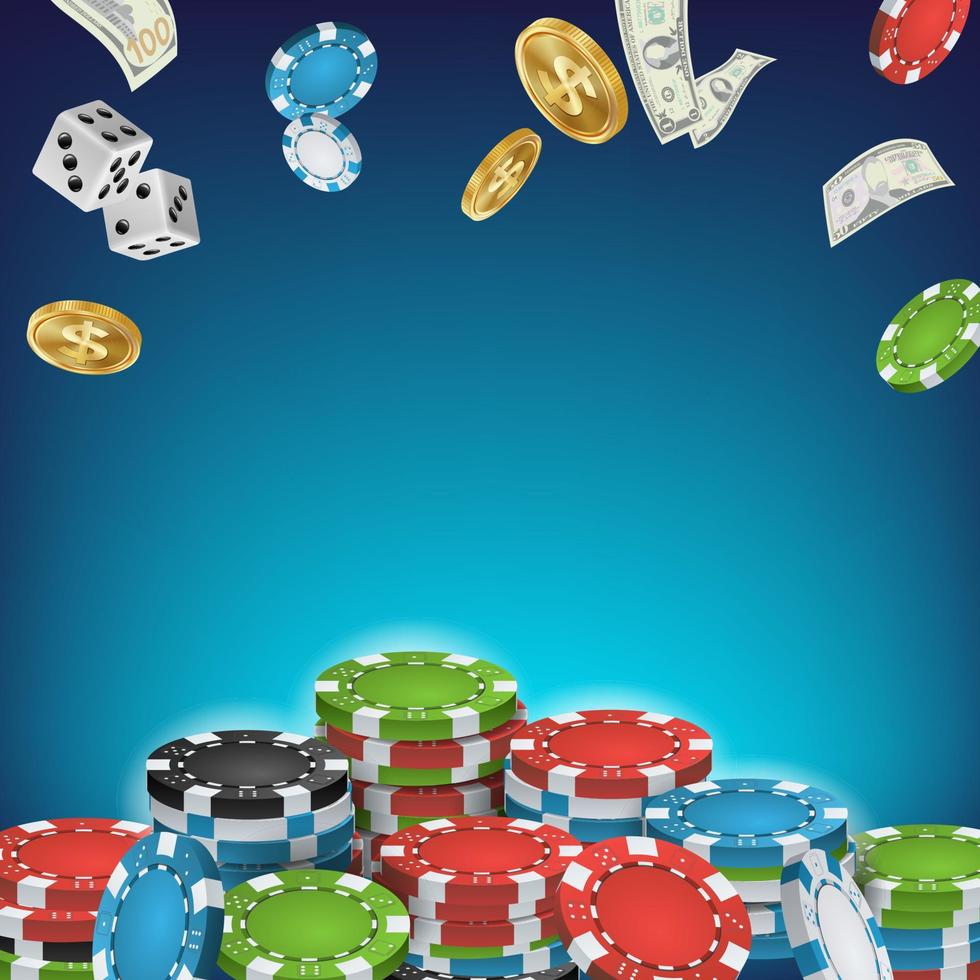 Online Casino Poster Vector. Poker Gambling Casino Sign. Bright Chips, Flying Dollar Coins, Banknotes Explosion. Winner Concept. Jackpot Billboard, Marketing Luxury Illustration. vector
