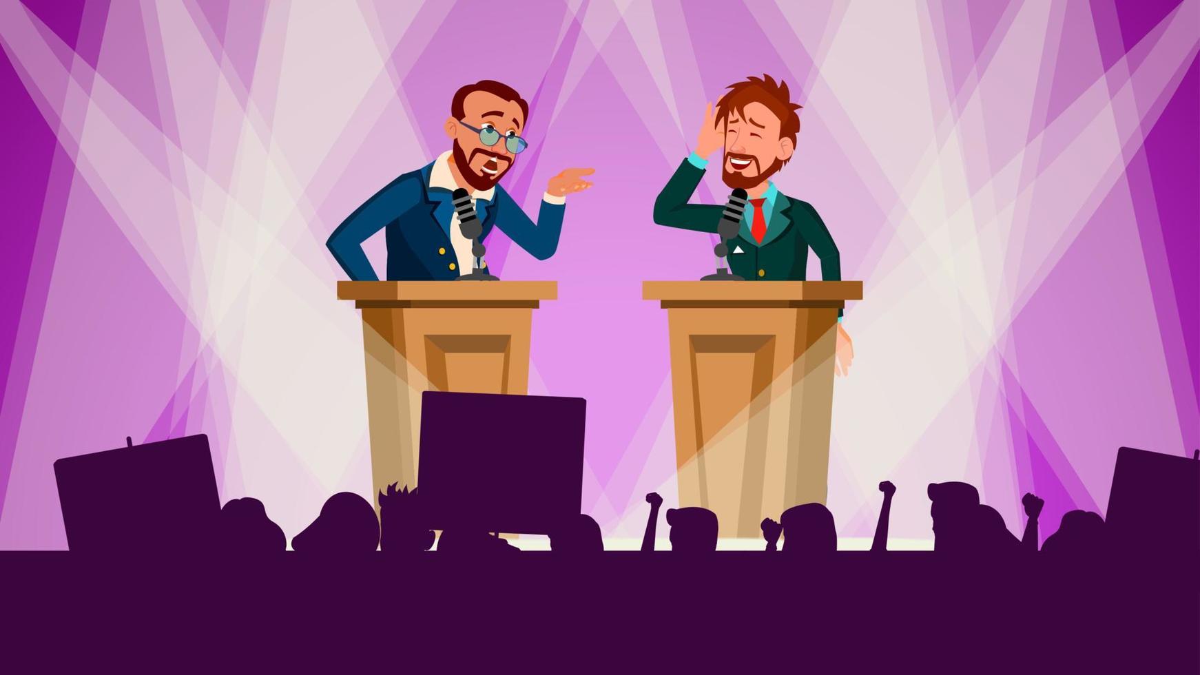 Political Meeting Vector. Discussing Problems. International Conference. Tribune. Big Audience. Pre-election Campaign. Flat Cartoon Illustration vector