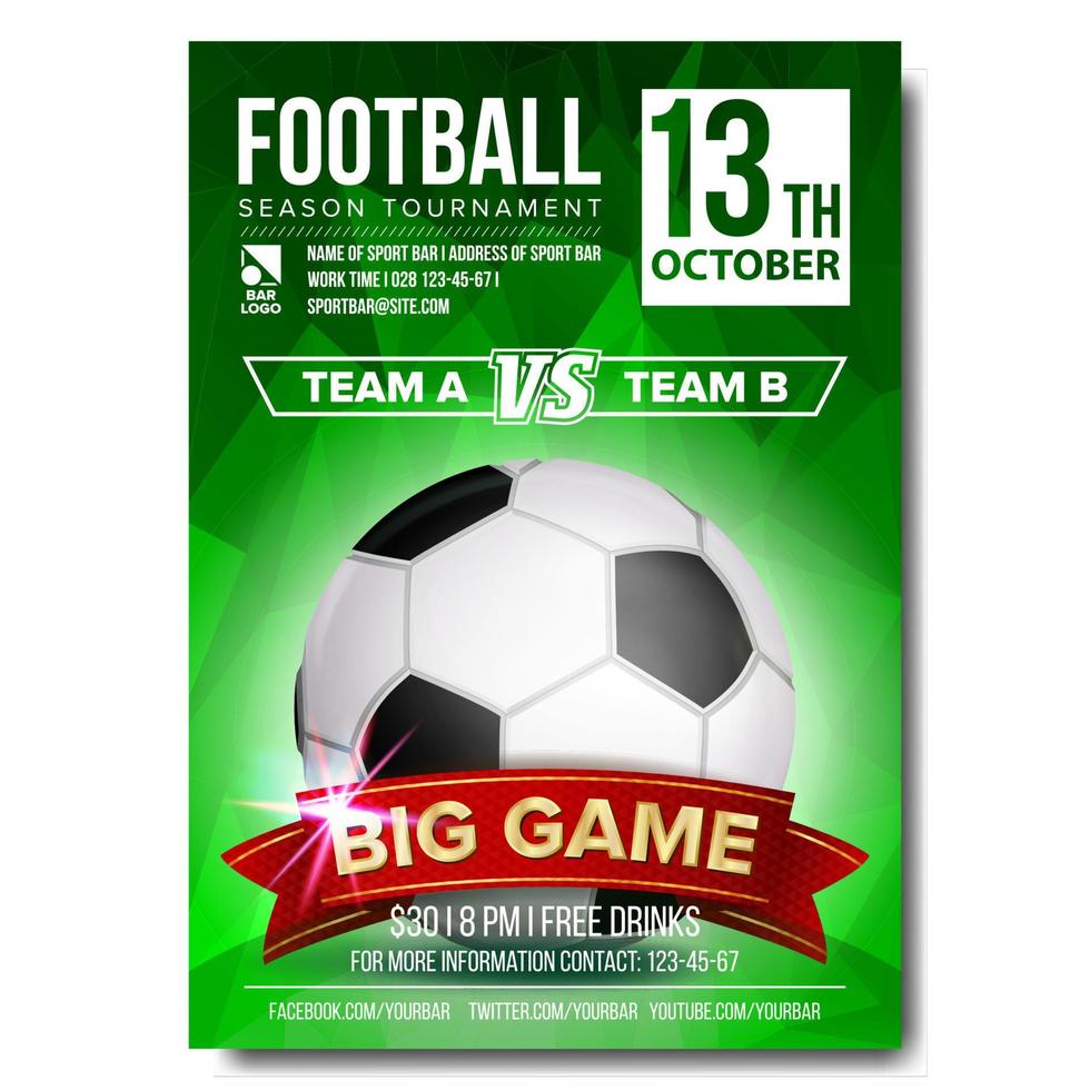 Soccer Poster Vector. Football Ball. Design For Sport Bar Promotion. Tournament, Championship Flyer Design. Football Club, Academy Flyer. Invitation Illustration vector