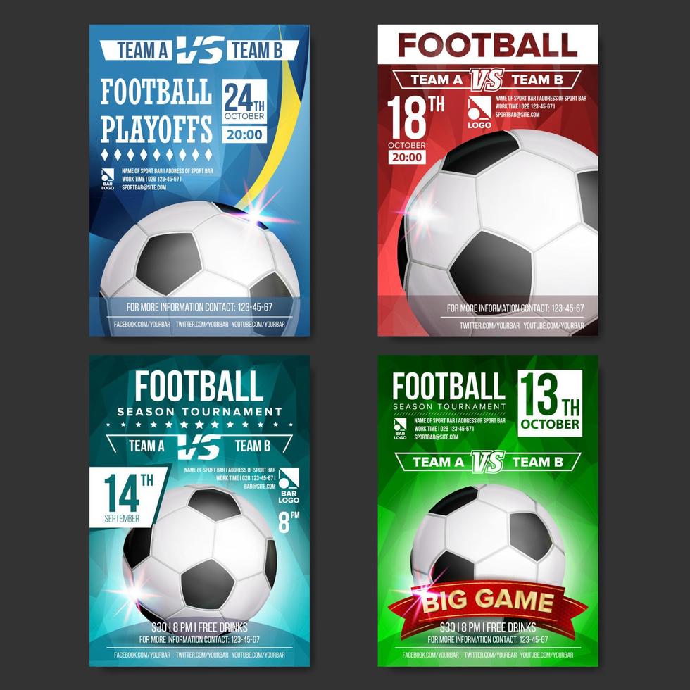 Soccer Poster Set Vector. Design For Sport Bar Promotion. Football Ball. Modern Tournament. Sport Event Announcement. Banner Advertising. Template Illustration vector