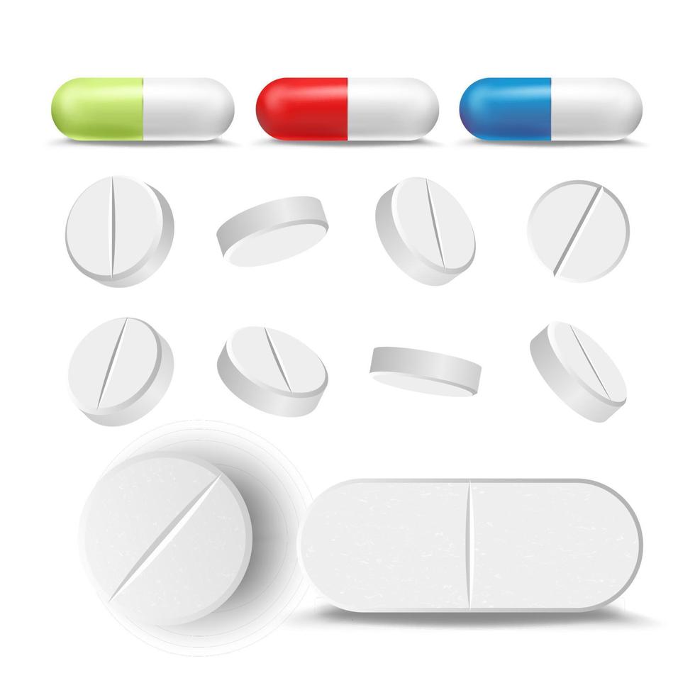 Capsule Pills And Drugs Set Vector. Pharmaceutical Drugs And Vitamin. Isolated On White Illustration vector