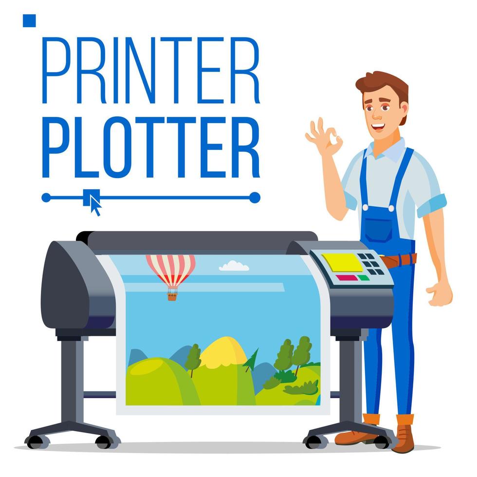 Worker With Plotter Vector. Man. Prints Beautiful Picture, Banner. Print Service. Isolated Flat Cartoon Illustration vector