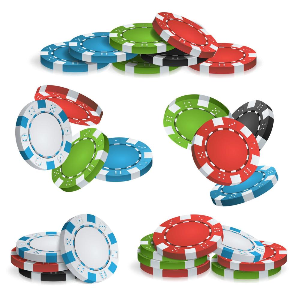vector de pilas de fichas de casino. 3d realista. fichas de juego de póquer de colores cayendo ilustración de signo de amanecer.