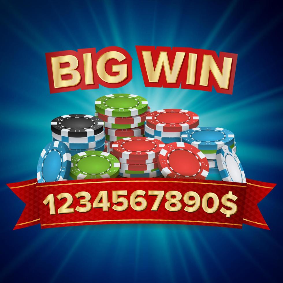 Big Winner Poster Vector. You Win. Gambling Poker Chips Stacks With Red Ribbon. vector